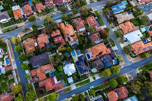 An aerial view of a residential neighborhood