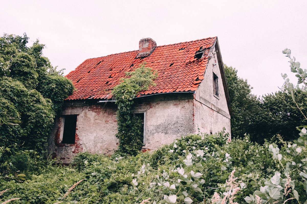 A distressed house with a damaged roof and an overgrown yard